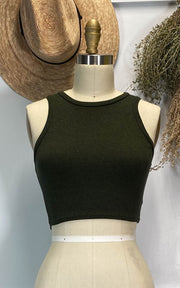 Dress form displaying cropped tank in olive